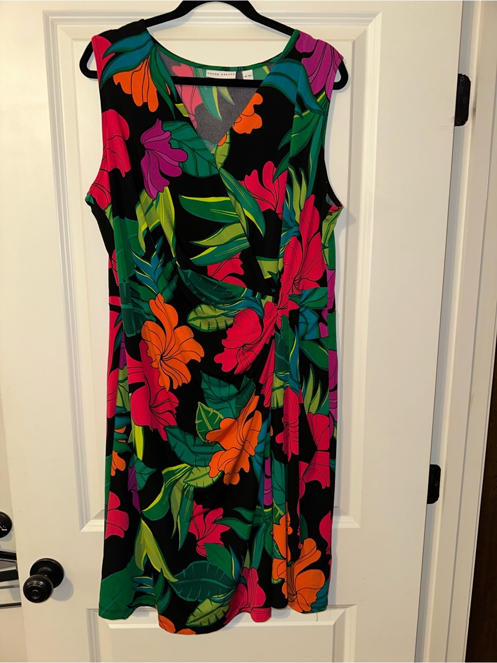 Susan Graver Black Tropical Floral Faux-Wrap Dress with Pink & Orange Flowers